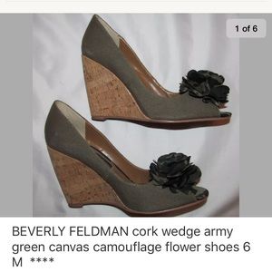 BEVERLY FELDMAN canvas / cork rosette wedge shoes